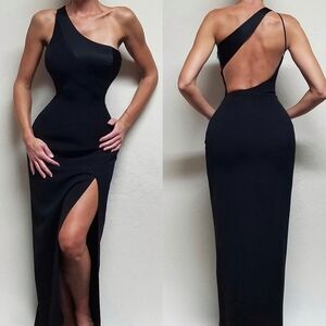 Vintage Andrea Polizzi Black Satin Crepe One-Shoulder Thigh Slit Backless Gown 6